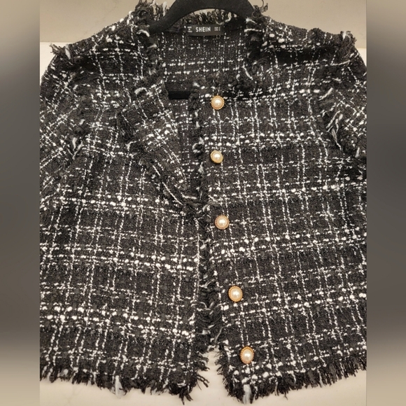 NWOT Raw Buttoned Front Frayed Trim Tweed Jacket - Picture 7 of 9